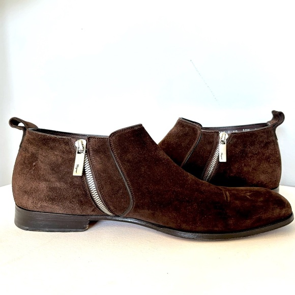 Salvatore Ferragamo Brown Suede Italian Leather Zip Chelsea Boots Size 10.5 - Picture 2 of 15